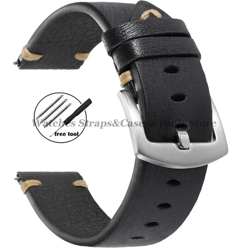 20mm 22mm Genuine Cowhide Watch Strap Vintage Litchi Pattern Leather for Smart Watch Band for Seiko Men Women Watch Accessories