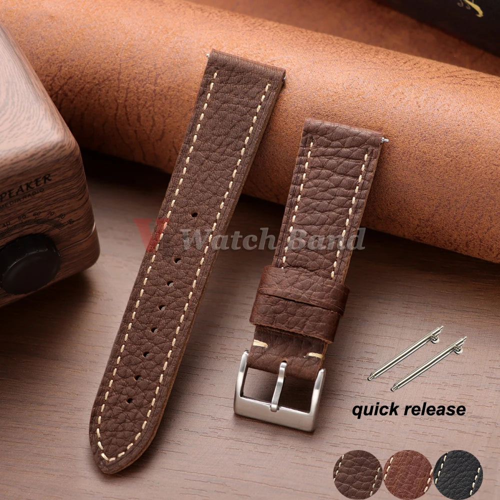 Genuine Cowhide Watch Strap for Samsung Galaxy Watch 6 5 4 Soft Dark Brown Retro Wristband for Seiko 20mm 22mm 24mm Bracelet