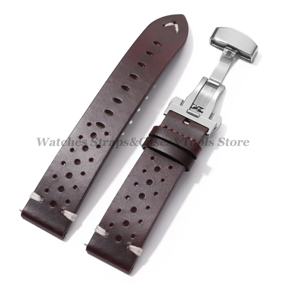 20mm 22mm Genuine Cowhide Leather Watchband Strap for Seiko for Omega Oil Wax Discoloration Butterfly Buckle Business Bracelets