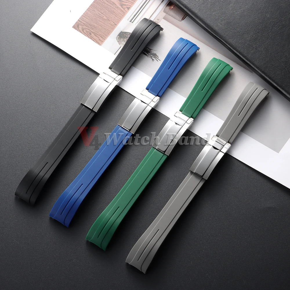 Curved End Rubber Watch Strap 20mm 21mm 22mm for Rolex for Water Ghost Waterproof Silicone Wrist Band Folding Buckle Bracelet