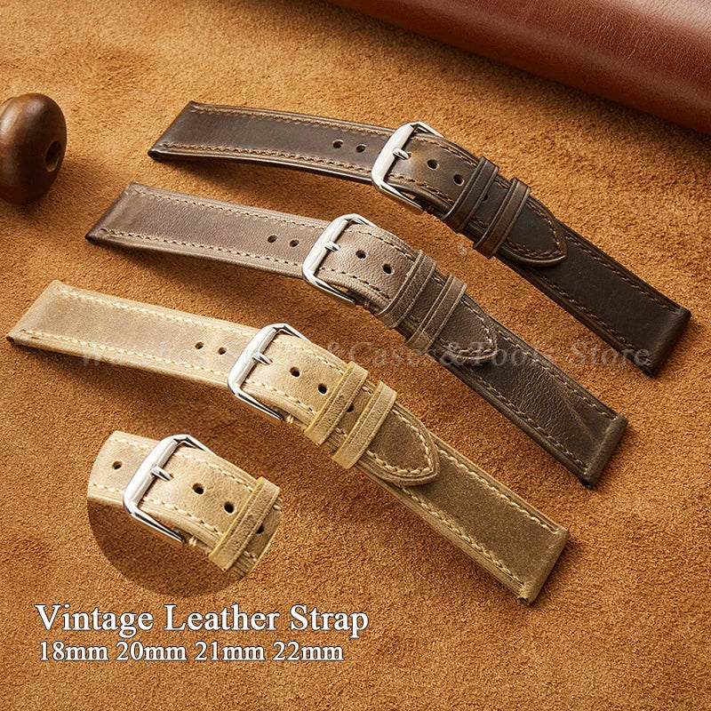 Vintage Genuine Leather Watchband Soft Cowhide Oil Wax Watch Strap for Omega 18mm 20mm 21mm 22mm for Huawei Watch Gt3/Gt4 Belt