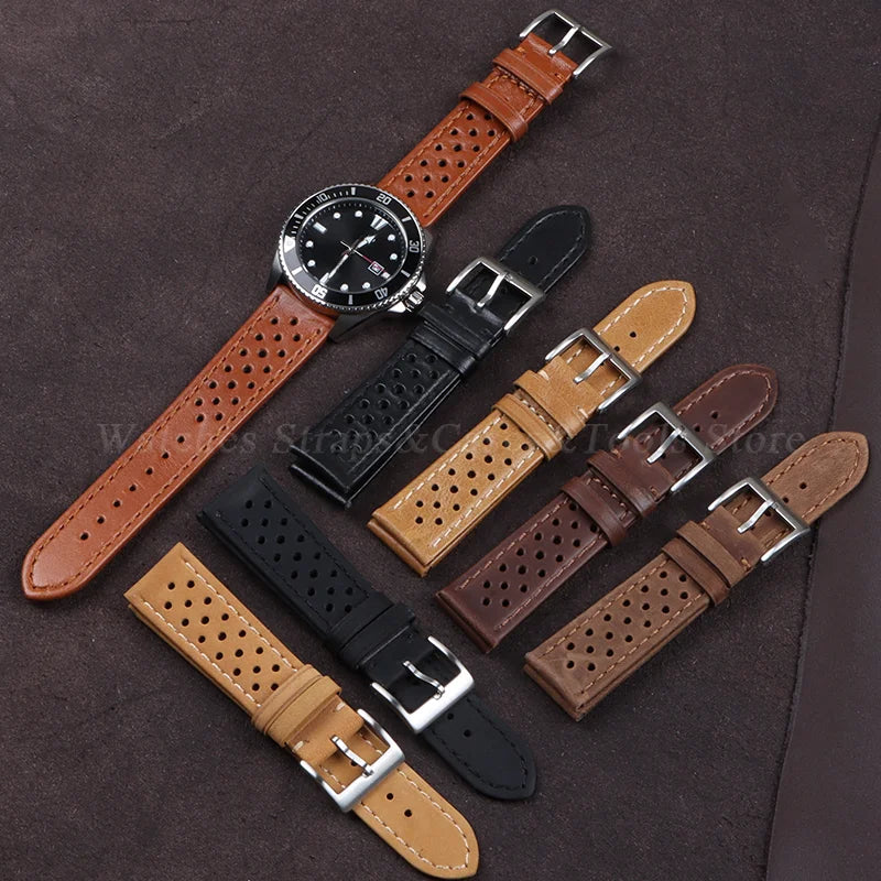 Genuine Cowhide Leather Strap Soft Handcrafted Ventilated Watch Band for Tag Heuer for Seiko for Omega 18mm 20mm 22mm Bracelet