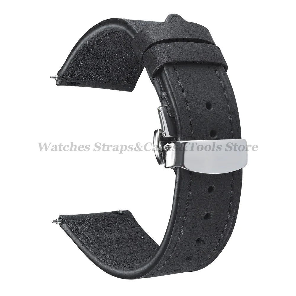 Crazy Horse Cowhide Leather Watch Strap 18mm19mm 20mm 21mm 22mm 24mm Butterfly Buckle Bracelet for Omega Smart Vintage Watchband