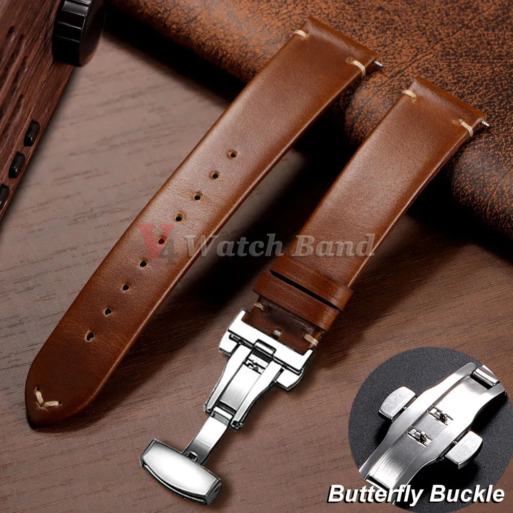 18mm 20mm 22mm Vintage Oil Wax Cowhide Watchband Wristband Butterfly Buckle Stitching Brown Strap for Omega for Seiko Watchband