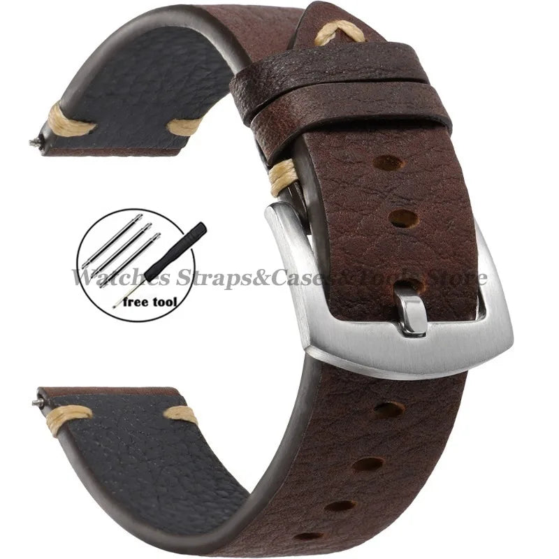 20mm 22mm Genuine Cowhide Watch Strap Vintage Litchi Pattern Leather for Smart Watch Band for Seiko Men Women Watch Accessories