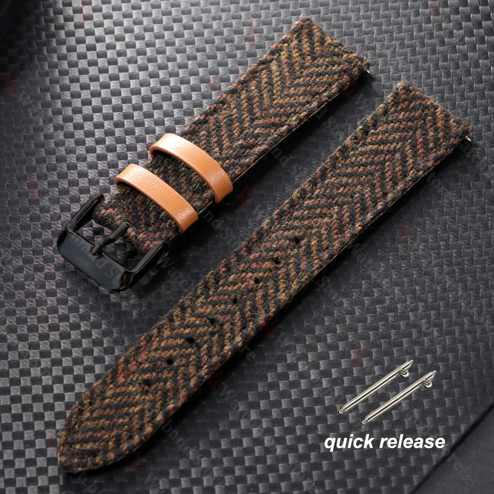 18/20/22mm Genuine Cowhide Nylon Watch Band Quick Release Strap Vintage Woven Tweed Fabric Bracelet Men Women Replace Wristband