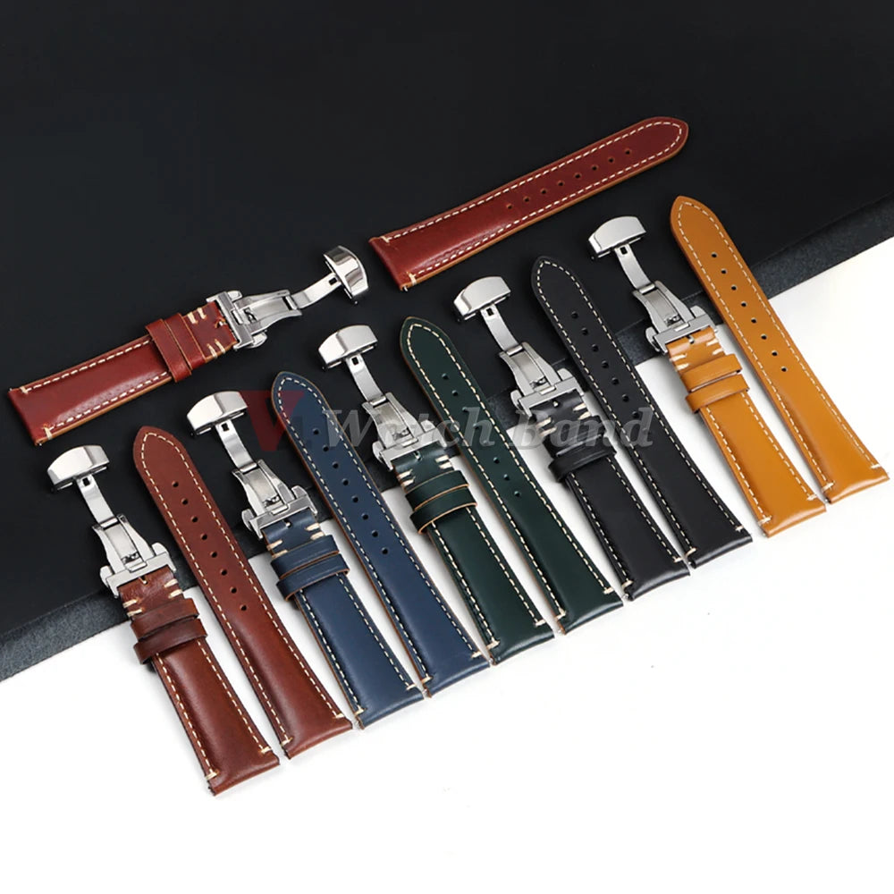 Stitching Cowhide Strap for Omega 20mm 22mm 24mm Yellow Wrist Bracelet for Seiko BlackVintage Leather Watchband Butterfly Buckle