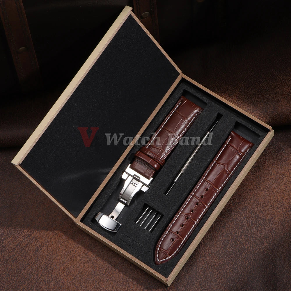 12/13/14/15/16/17/18/19/20/21/22/23/24mm Genuine Leather Strap with Box Bracelet Wristband Band Butterfly Clasp Watch Accessory