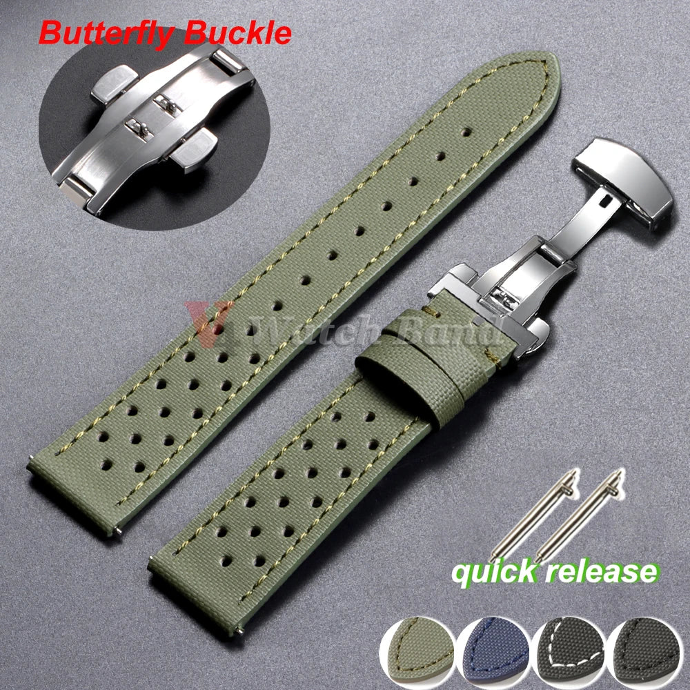 Quality Sailcloth Oxford Leather Watch Strap for Seiko for Omega 18mm 20mm 22mm Qucik Release Fabric WatchBands Butterfly Buckle