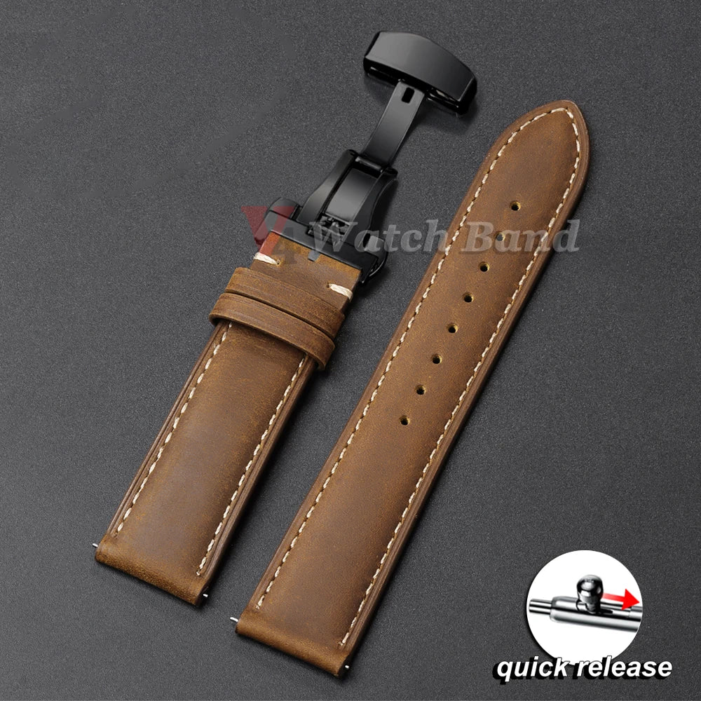 Genuine Calfskin Leather Watchband for Omega Business Watch Band for Seiko 22mm 20mm 18mm Butterfly Buckle Stitching Brown Strap