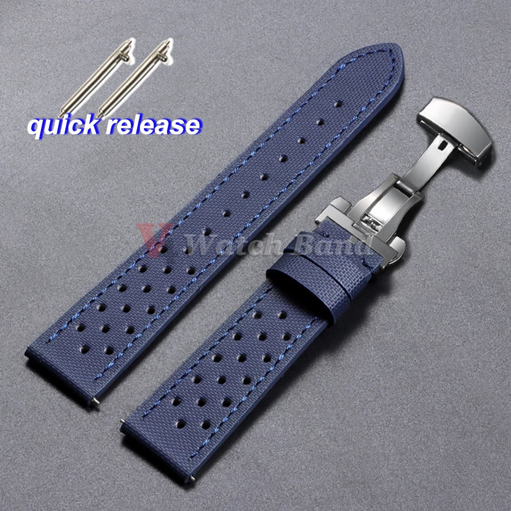 Quality Sailcloth Oxford Leather Watch Strap for Seiko for Omega 18mm 20mm 22mm Qucik Release Fabric WatchBands Butterfly Buckle