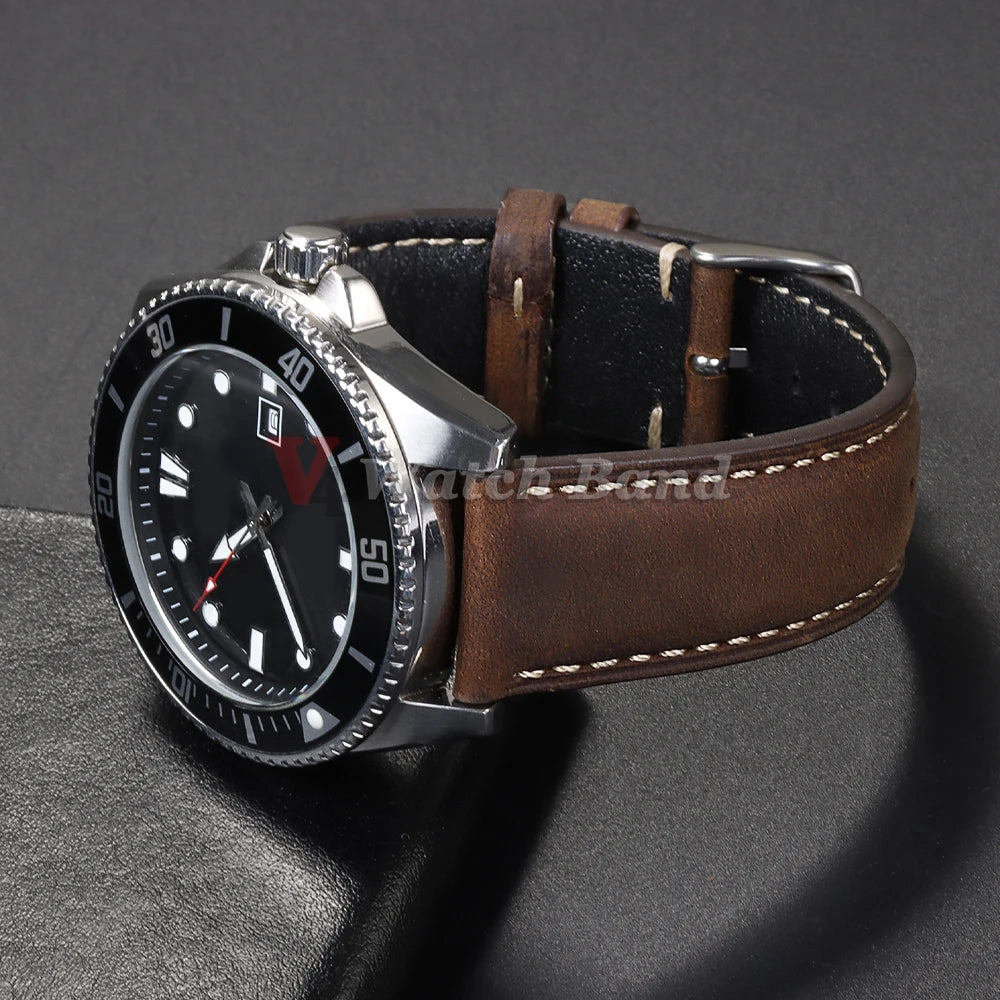 Cowhide Watch Strap 14mm 16mm 18mm 20mm 22mm 24mm Vintage Dark Brown Quick Release Watchband for Samsung Galaxy Watch 8/7/6/5/4