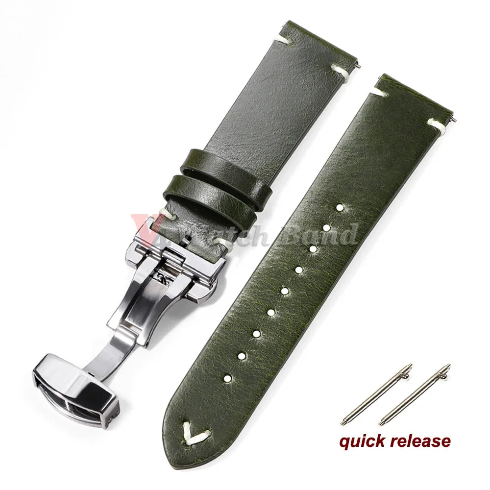 Oil Wax Stitching Cowhide Strap for Omega 18/20/22mm Quick Release Bracelet ForSeiko Vintage Leather Watch Band Butterfly Buckle