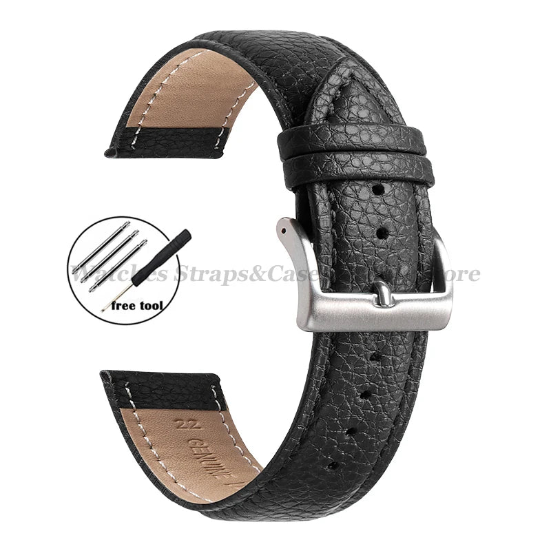 Litchi Pattern Genuine Leather Watch Band 18mm 20mm 22mm for Samsung Galaxy Watch 7/6/5/4 40 44mm Men Women Replacement Straps