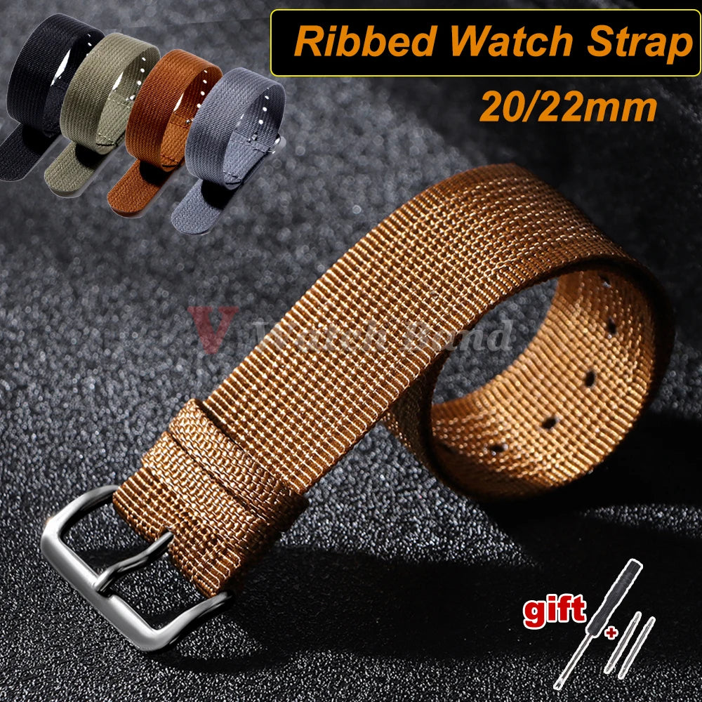 20mm 22mm Ribbed Nylon Strap Fabric Replacement Universal Bracelet Watchband Straps Loop Military Nylon Watch Band Accessories