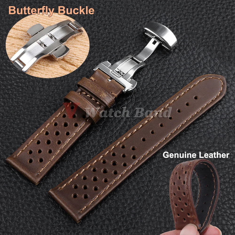 Genuine Cowhide Leather Strap for Samsung Galaxy Watch 6 5 4 Breathable Retro Wristband for Seiko Bracelet for Omega 18/20/22mm