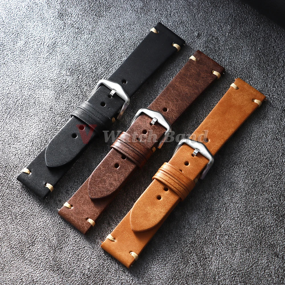 Cowhide Leather Watch Strap 18mm 19mm 20mm 21mm 22mm for Samsung Galaxy Watch 8/7/6/5/4 Vintage Brown Quick Release Bracelets