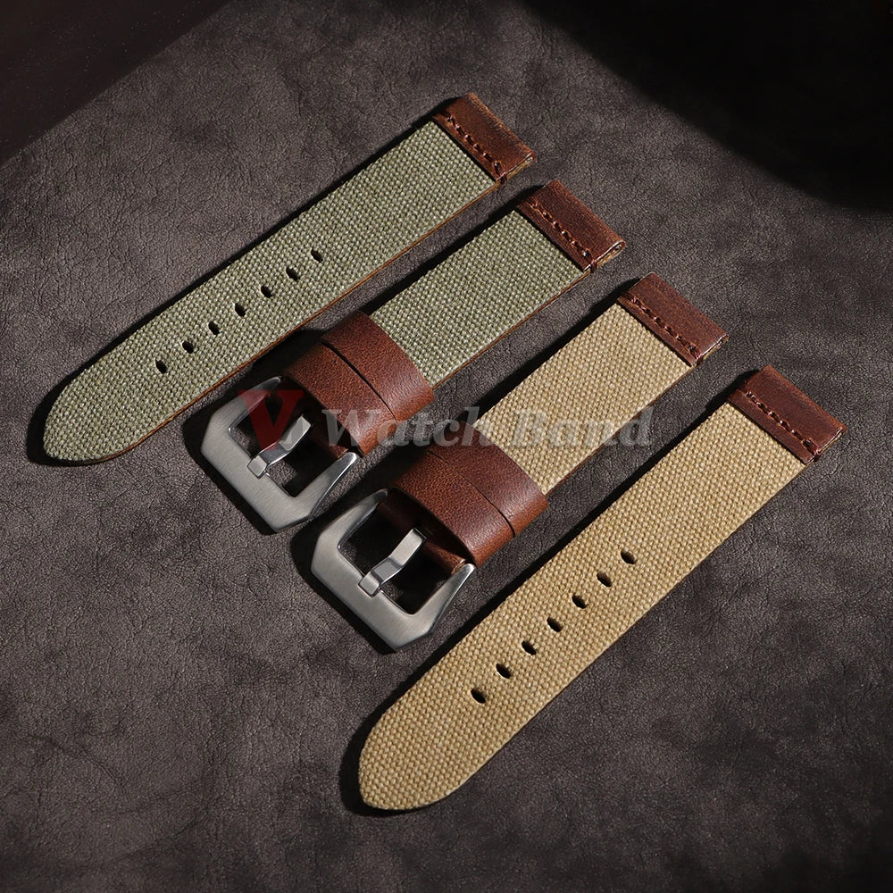 For Panerai for Omega Handmade Canvas Leather Watch Strap 20mm 22mm 24mm Army Green Men Women Watch Bracelet Military Watchband