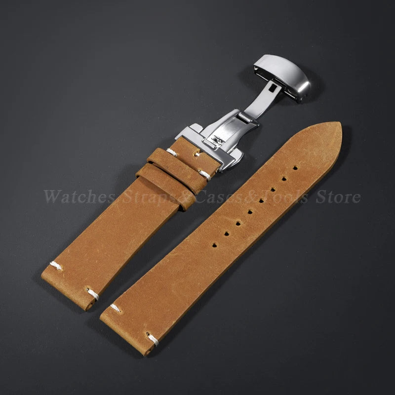 Stitching Cowhide Strap for Omega for Seiko 18/19/20/21/22/24mm Wrist Bracelet Vintage Brown Leather Watch Band Butterfly Buckle