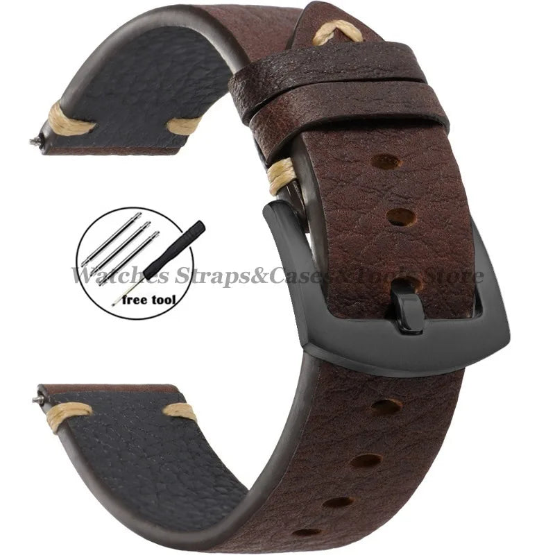 20mm 22mm Genuine Cowhide Watch Strap Vintage Litchi Pattern Leather for Smart Watch Band for Seiko Men Women Watch Accessories