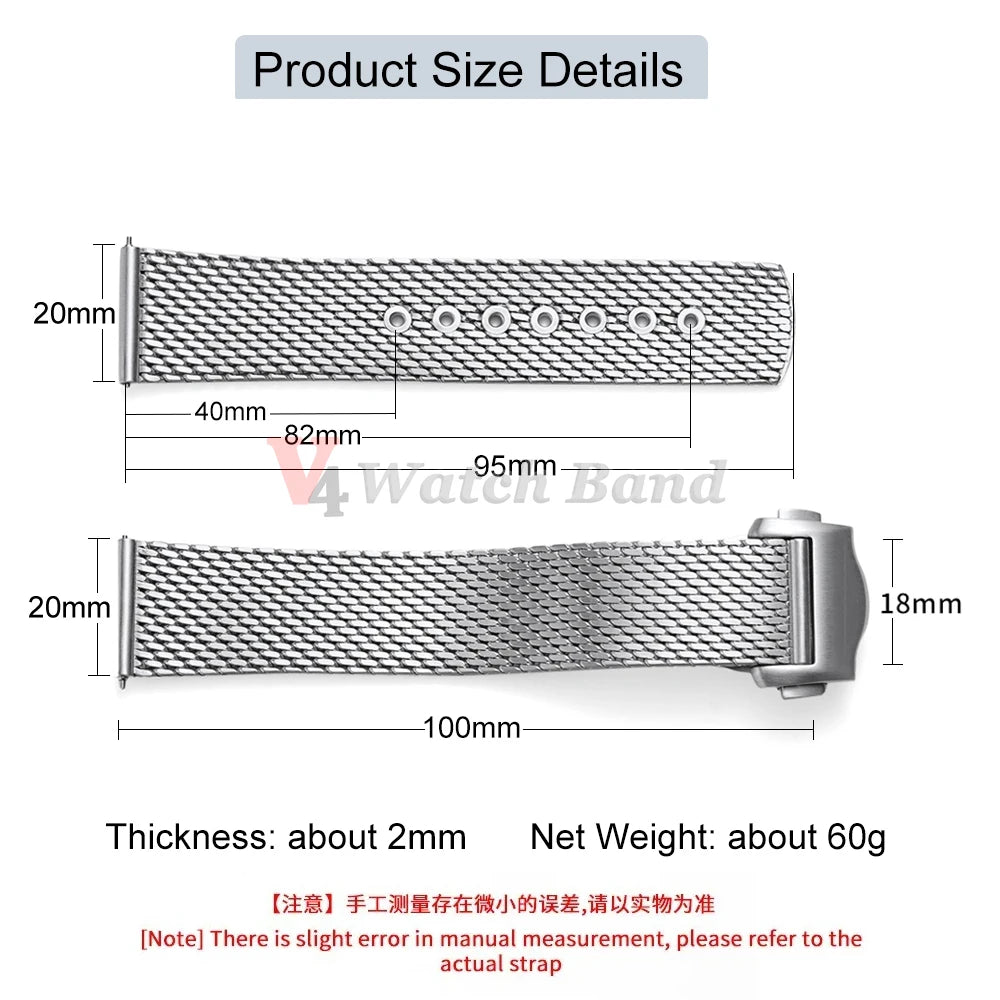For Omega Seamaster 20mm Silver Mesh Bracelet Flat Interface Stainless Steel Watch Strap 20MM for Omega 007 Breathable Design