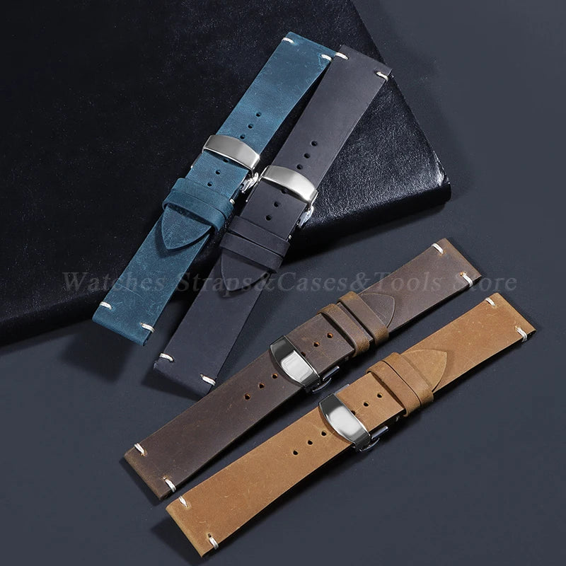 Stitching Cowhide Strap for Omega for Seiko 18/19/20/21/22/24mm Wrist Bracelet Vintage Brown Leather Watch Band Butterfly Buckle