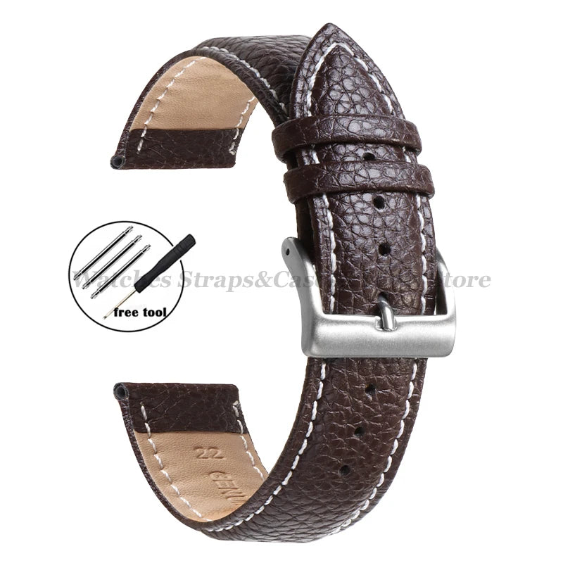 Litchi Pattern Genuine Leather Watch Band 18mm 20mm 22mm for Samsung Galaxy Watch 7/6/5/4 40 44mm Men Women Replacement Straps