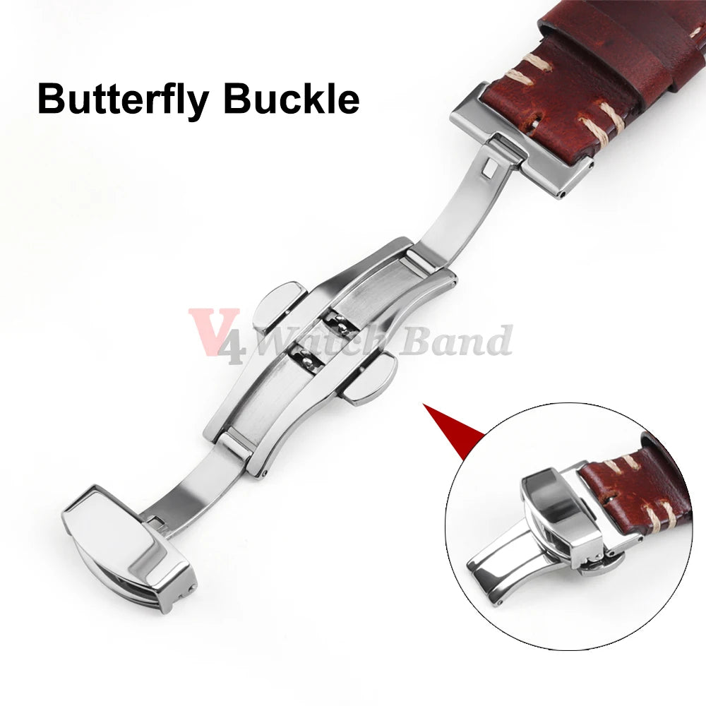 Stitching Cowhide Strap for Omega 20mm 22mm 24mm Yellow Wrist Bracelet for Seiko BlackVintage Leather Watchband Butterfly Buckle