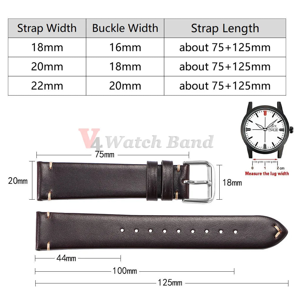 18mm 20mm 22mm Vintage Oil Wax Leather Watchband Wristband Stitching Cowhide Strap for Omega for Seiko Watch Band Accessories