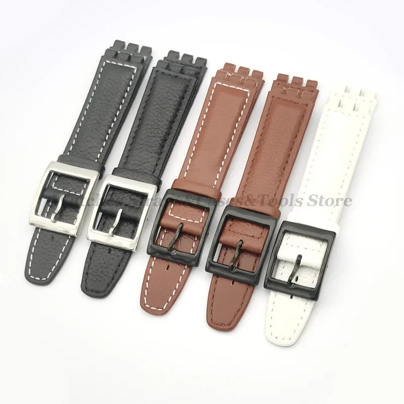 17mm Cowhide Leather Strap for Swatch Lychee Leather Watch Band for Men Women Belt Metal Buckle Replacement Bracelet Accessories