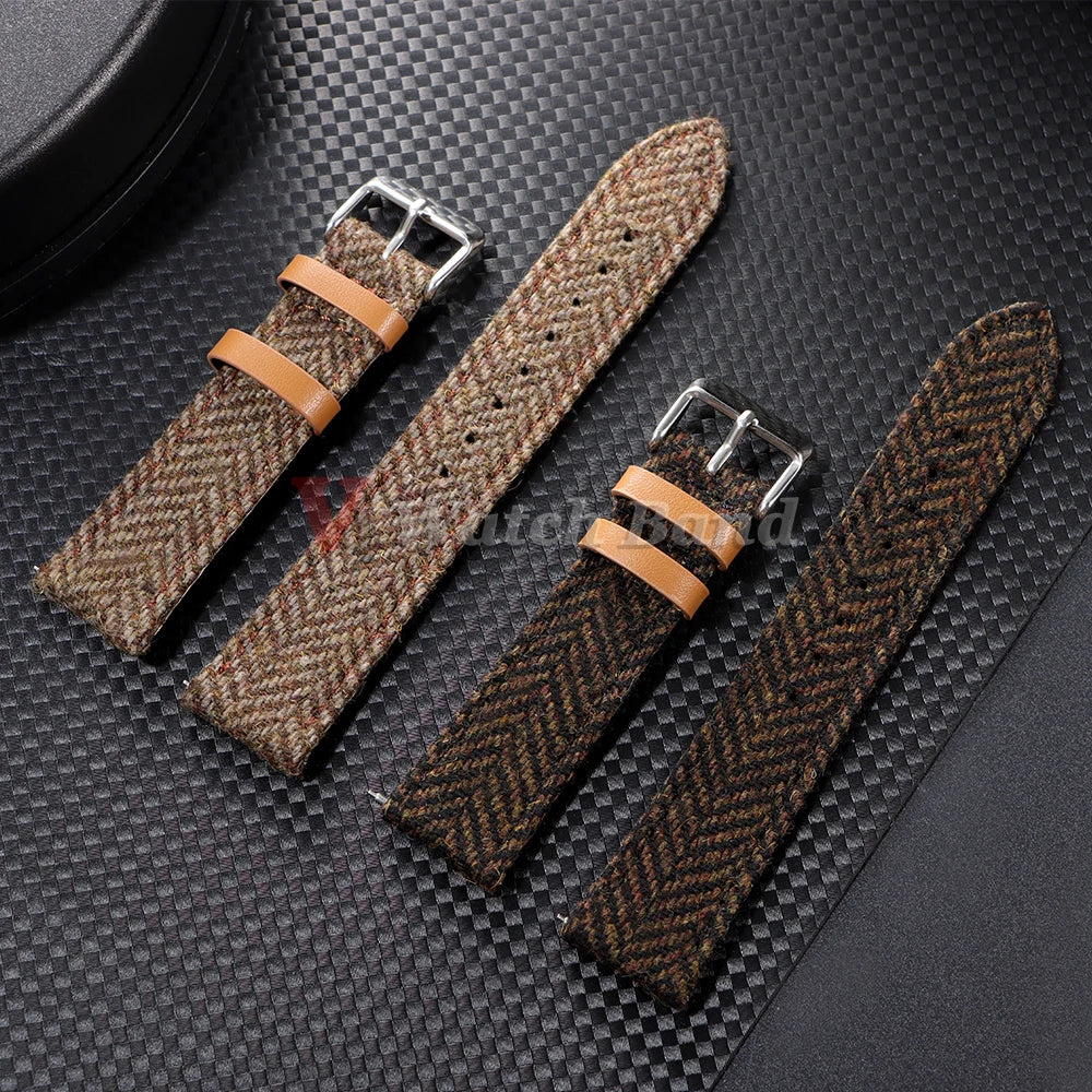 18/20/22mm Genuine Cowhide Nylon Watch Band Quick Release Strap Vintage Woven Tweed Fabric Bracelet Men Women Replace Wristband