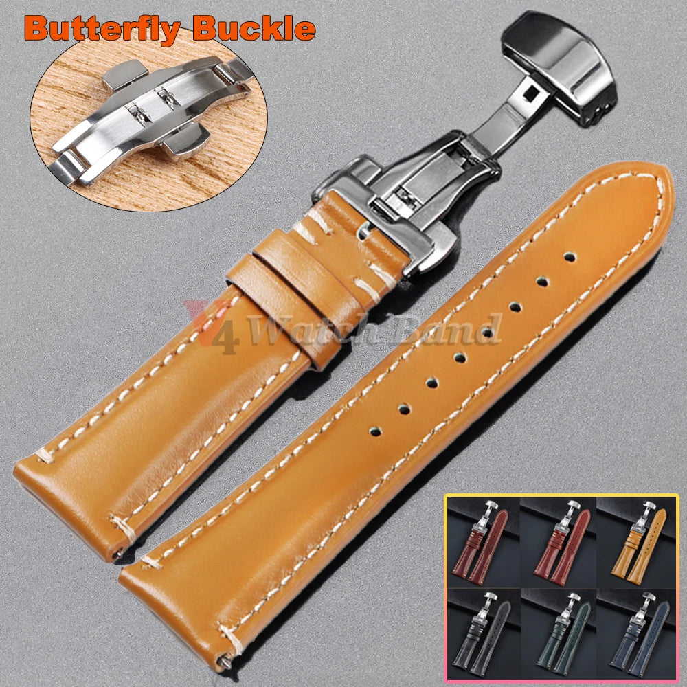 Stitching Cowhide Strap for Omega 20mm 22mm 24mm Yellow Wrist Bracelet for Seiko BlackVintage Leather Watchband Butterfly Buckle
