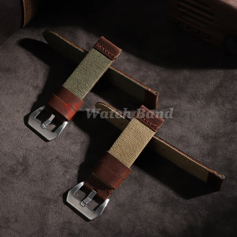For Panerai for Omega Handmade Canvas Leather Watch Strap 20mm 22mm 24mm Army Green Men Women Watch Bracelet Military Watchband