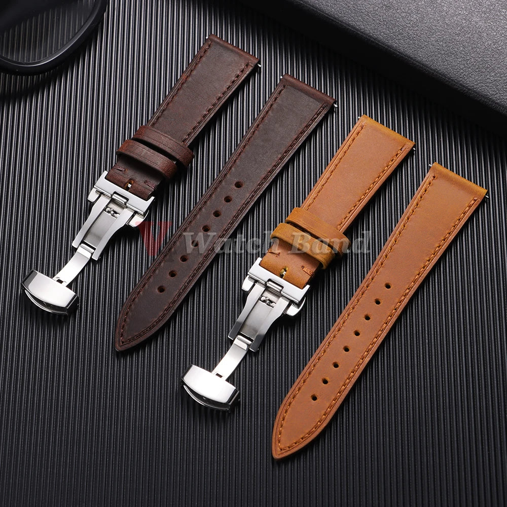 19mm 21mm Genuine Calfskin Leather Watchband for Omega Business Belt for Seiko 18/20/22/24mm Butterfly Buckle Brown Watch Straps