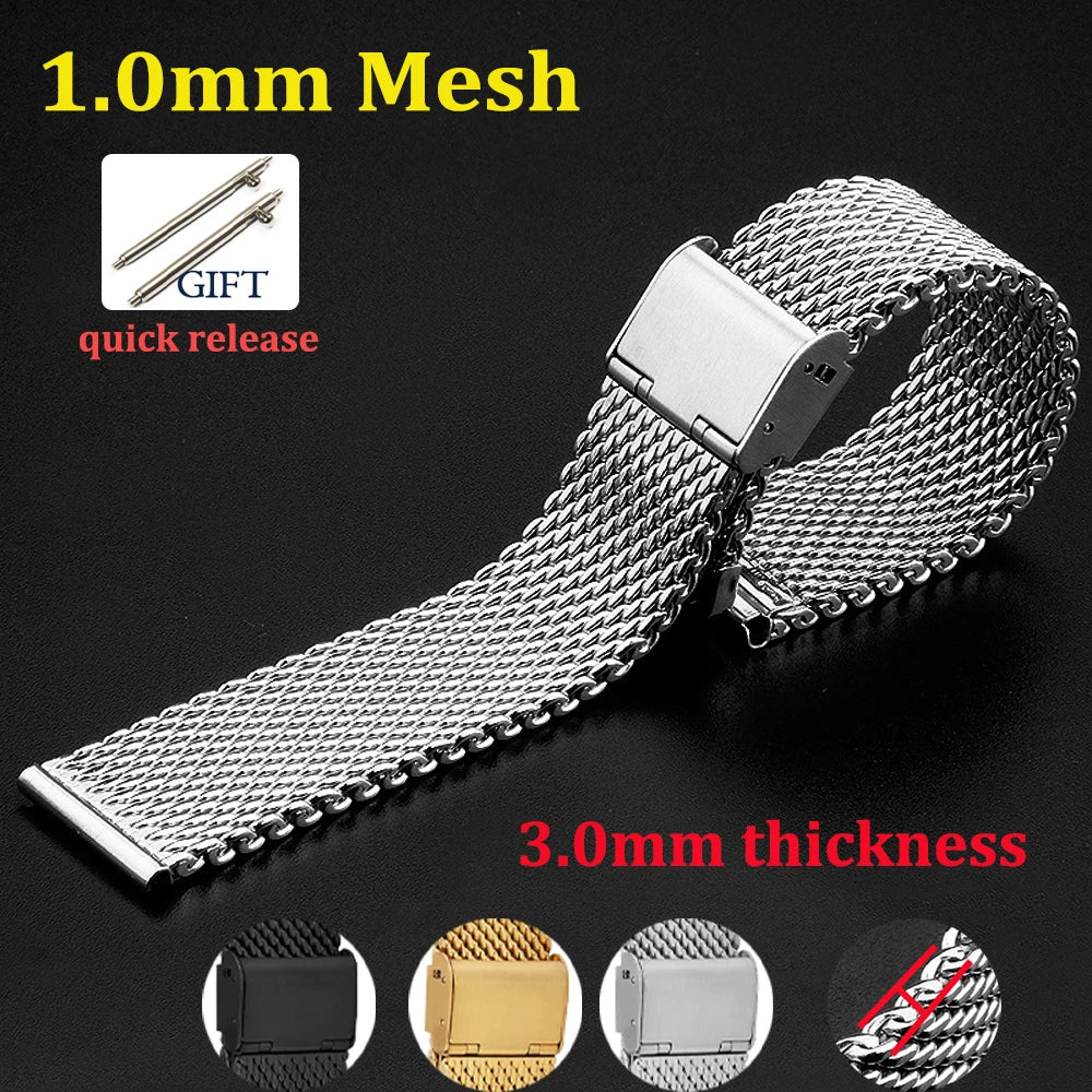 1.0 Mesh Milanese Watch Strap QuickRelease Stainless Steel Bracelet 3mm Thickness for DW for Omega Wristband 18mm 20mm 22mm 24mm