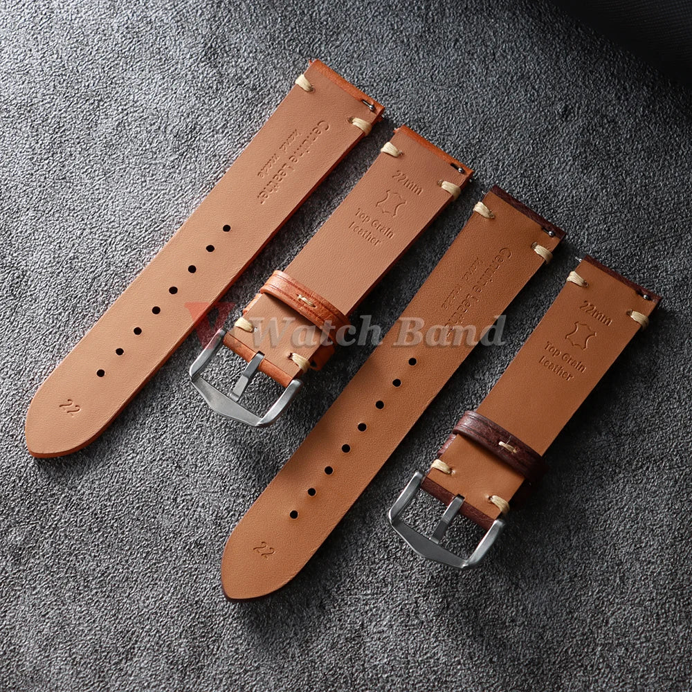 Cowhide Leather Watch Strap 18mm 19mm 20mm 21mm 22mm for Samsung Galaxy Watch 8/7/6/5/4 Vintage Brown Quick Release Bracelets