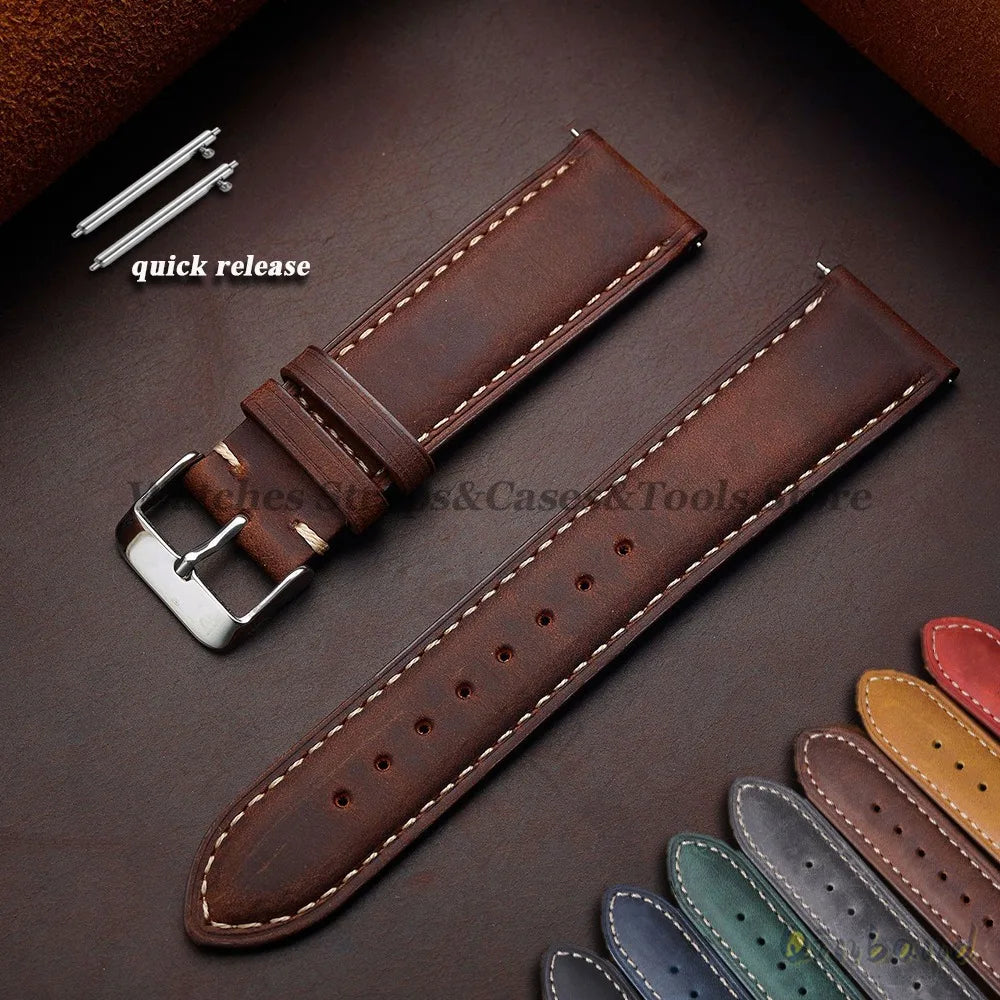 Vintage Cowhide Leather Watch Strap 14mm 16mm 18mm 20mm 22mm 24mm for Huawei WatchGT4/GT3 Stitching Brown Quick Release Bracelet