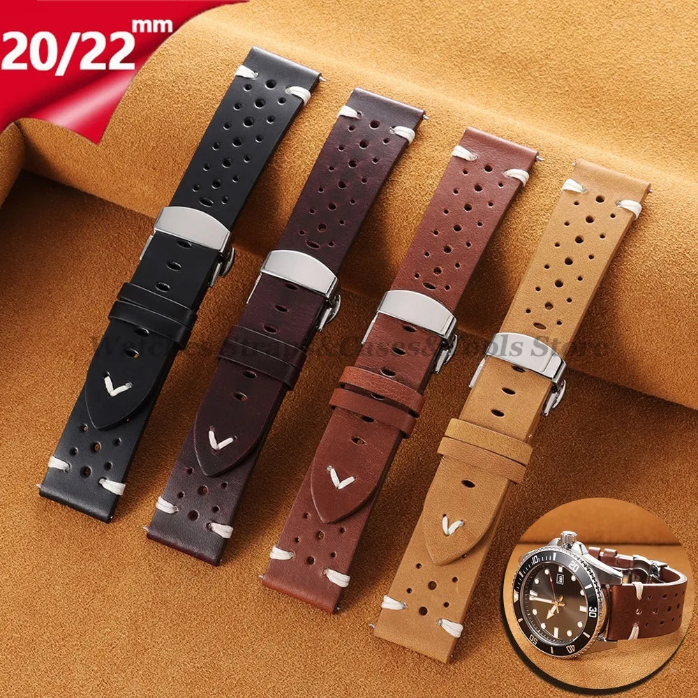 20mm 22mm Genuine Cowhide Leather Watchband Strap for Seiko for Omega Oil Wax Discoloration Butterfly Buckle Business Bracelets