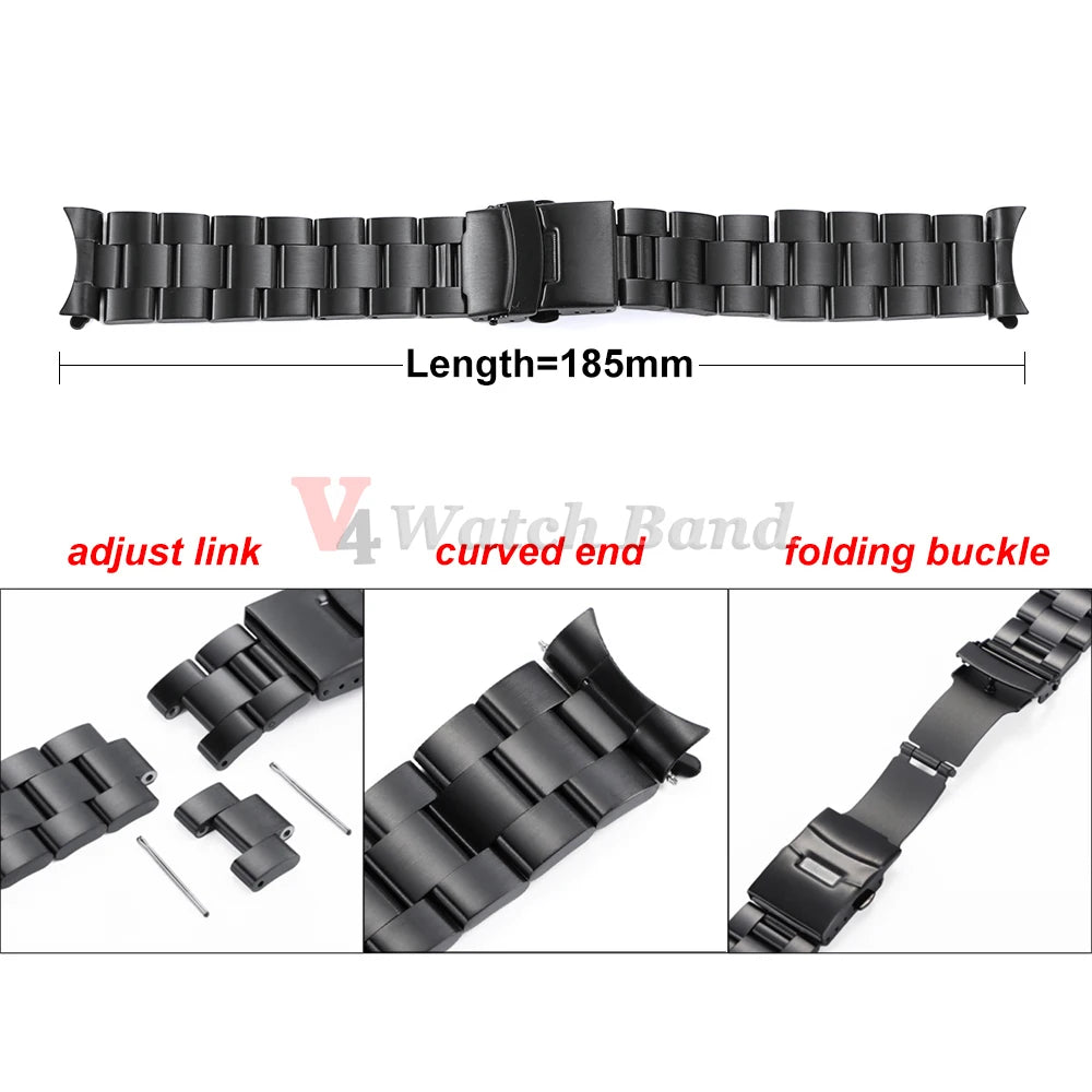 18/19/20/21/22/23/24mm 316L Stainless Steel Black Silver Arc End Watchband for Seiko Strap for Skx007/Skx009 Sport Belt Bracelet