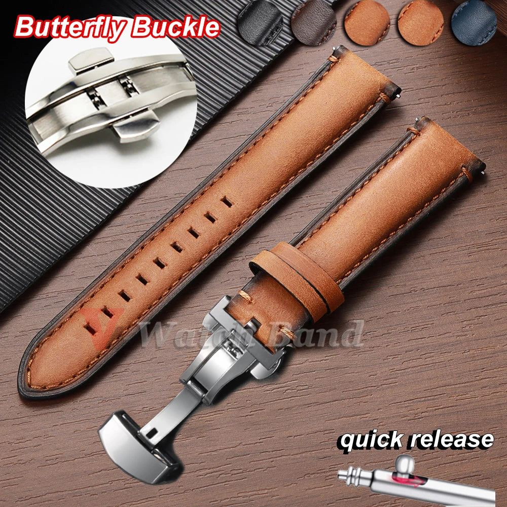 20mm 22mm 24mm Genuine Cowhide Watch Band Butterfly Buckle Vintage Straps Men Women Soft Leather Wrist Bracelet Belt Accessory