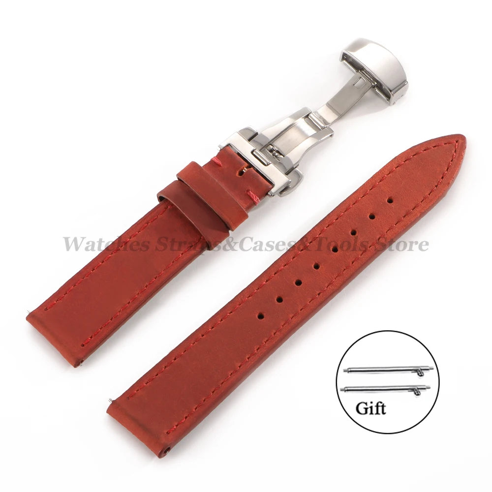Crazy Horse Leather Watch Strap 18mm 19mm 20mm 21mm 22mm 24mm Butterfly Buckle Stitching Cowhide Strap for Seiko for Omega Belts
