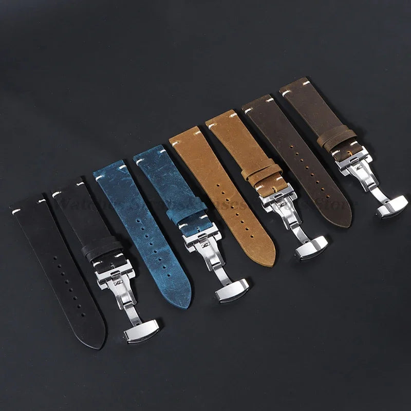 Stitching Cowhide Strap for Omega for Seiko 18/19/20/21/22/24mm Wrist Bracelet Vintage Brown Leather Watch Band Butterfly Buckle