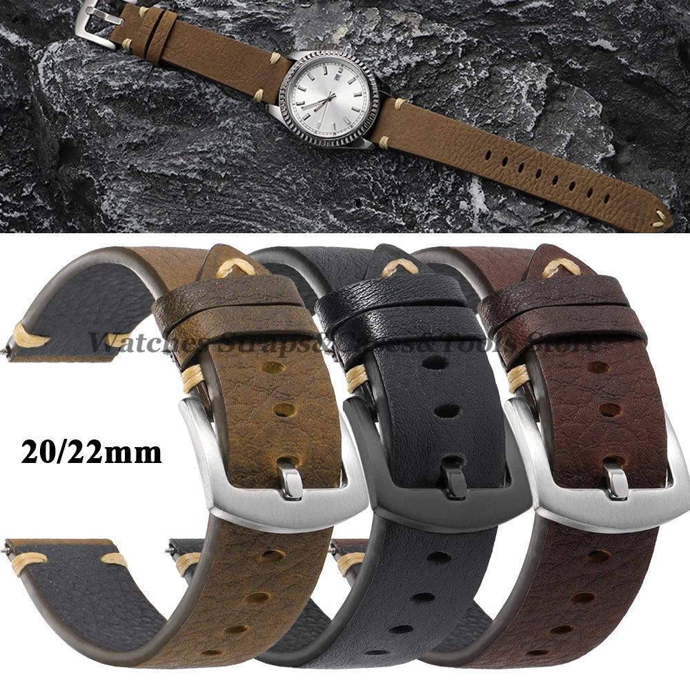 20mm 22mm Genuine Cowhide Watch Strap Vintage Litchi Pattern Leather for Smart Watch Band for Seiko Men Women Watch Accessories