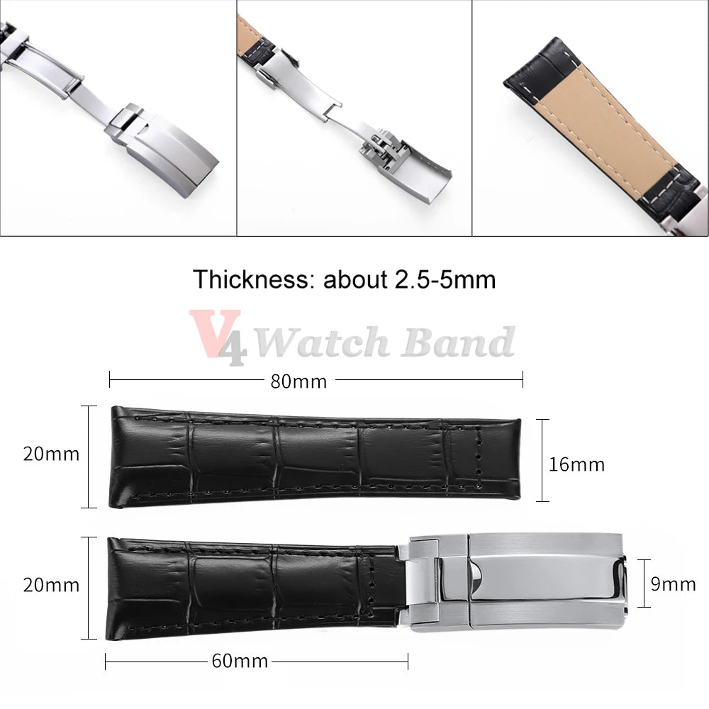 20mm Watch Band for Rolex SUBMARINER Yacht-Master DAYTONA GMT Cowhide Leather Men Strap Waterproof Wrist Belt Watch Accessories