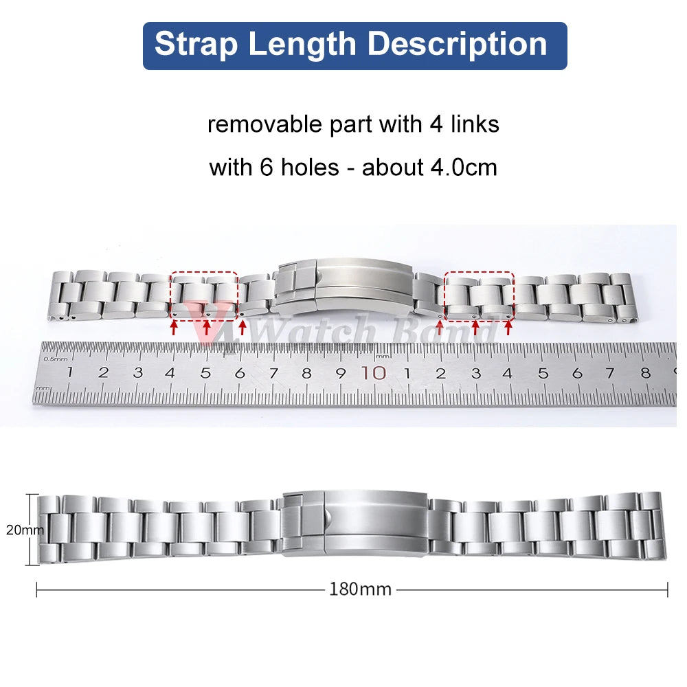 Curved End Metal Watch Strap 20mm for Rolex for Oyster Perpetual Stainless Steel Wrist Band Folidng Buckle Bracelet Accessories