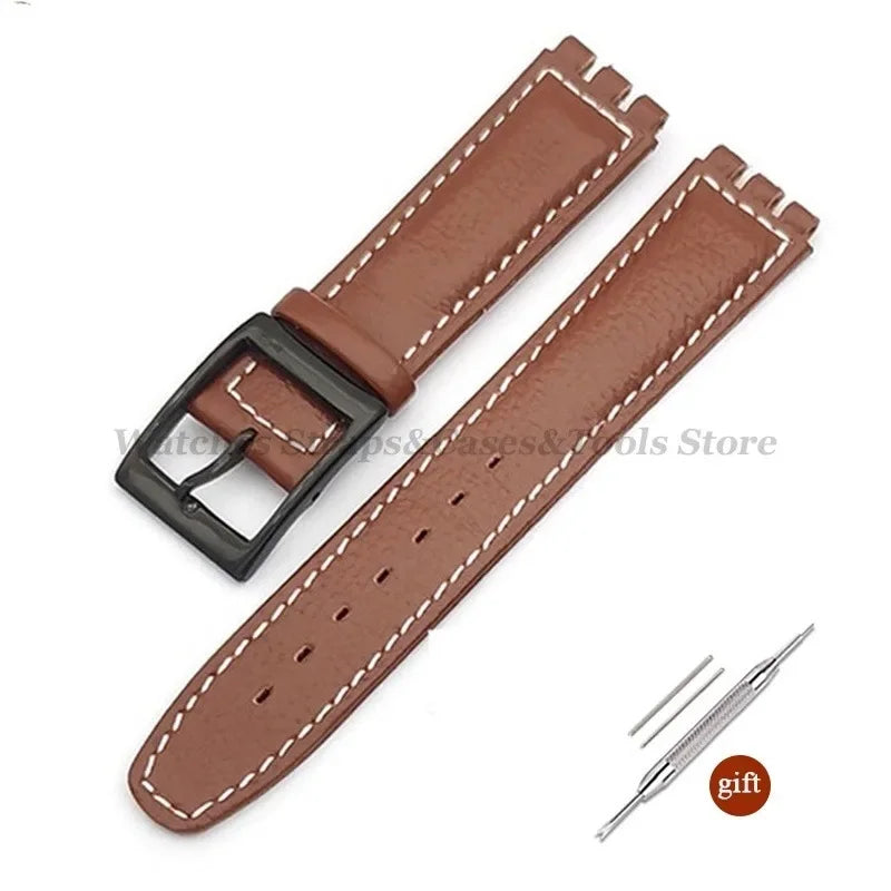 17mm Cowhide Leather Strap for Swatch Lychee Leather Watch Band for Men Women Belt Metal Buckle Replacement Bracelet Accessories