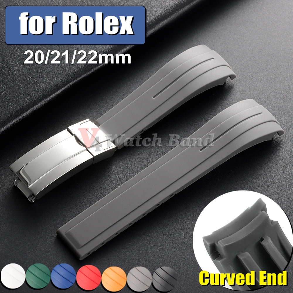 Arc Rubber Watchband 20 21mm 22mm for Rolex Daytona Yacht-Master Ultra Flexible Comfortable Silicone Folding Buckle Curved Strap