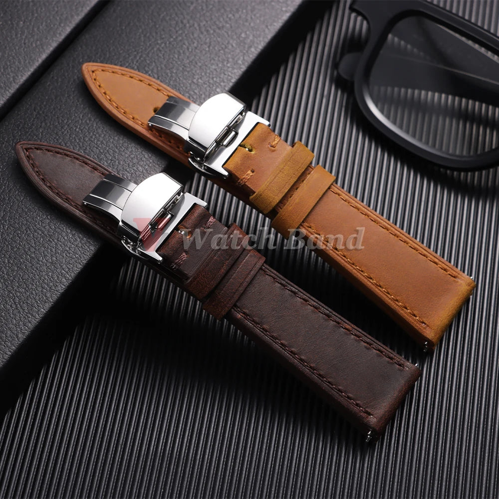 19mm 21mm Genuine Calfskin Leather Watchband for Omega Business Belt for Seiko 18/20/22/24mm Butterfly Buckle Brown Watch Straps