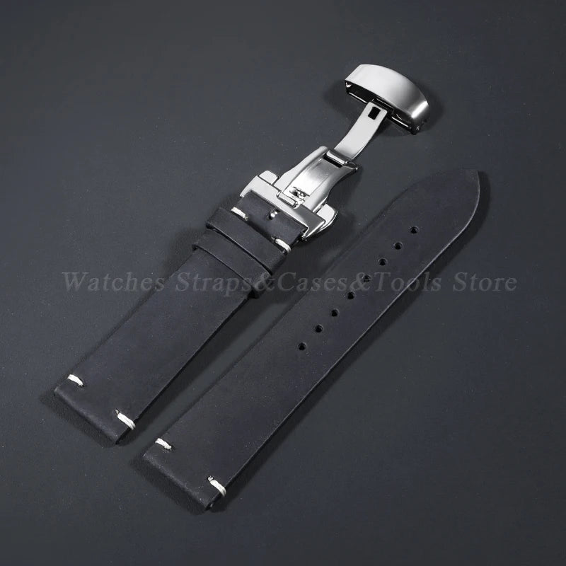 Stitching Cowhide Strap for Omega for Seiko 18/19/20/21/22/24mm Wrist Bracelet Vintage Brown Leather Watch Band Butterfly Buckle