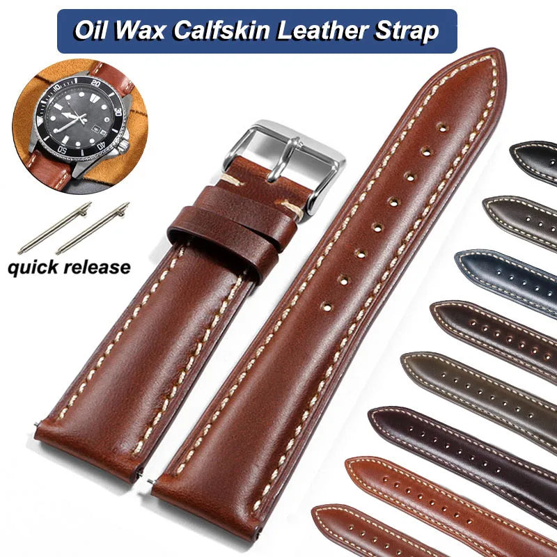 Vintage Oil Wax Genuine Cowhide Watch Strap 18mm 19mm 20mm 22mm 21mm Brown Watchbands for Samsung Galaxy Watch Band Bracelet